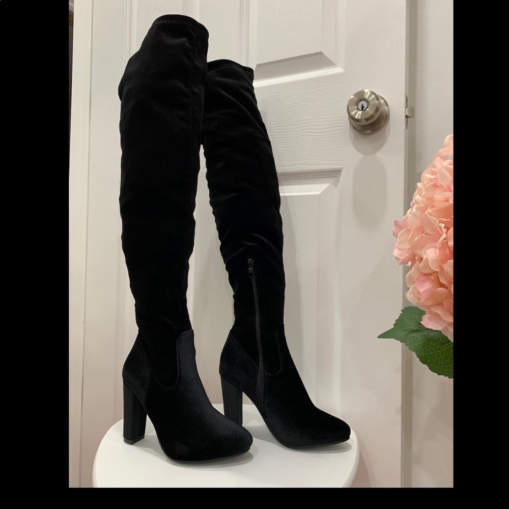 Women Black Velvet Over the Knee Boots